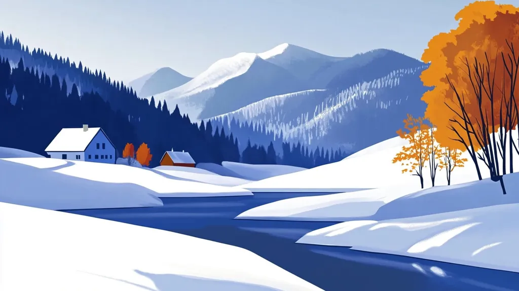A snowy mountain landscape with a winding river flowing through it.  A small, blue house with a white roof sits at the foot of the mountain, with a forest of dark green trees in the background.  On the right side of the image, a few orange-leafed trees stand out against the white snow.  The sky is a light blue, creating a peaceful and serene scene.
