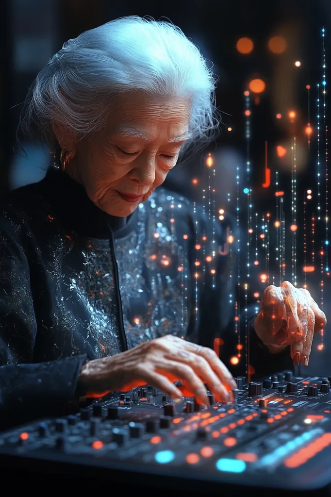 An elderly woman with white hair, dressed in a dark jacket with glitter, is working on a large audio mixing board. Her hands are moving over the knobs, and she is focused on her task. The background is blurry with a digital effect of red and blue lights. The image captures the contrast between age and technology.