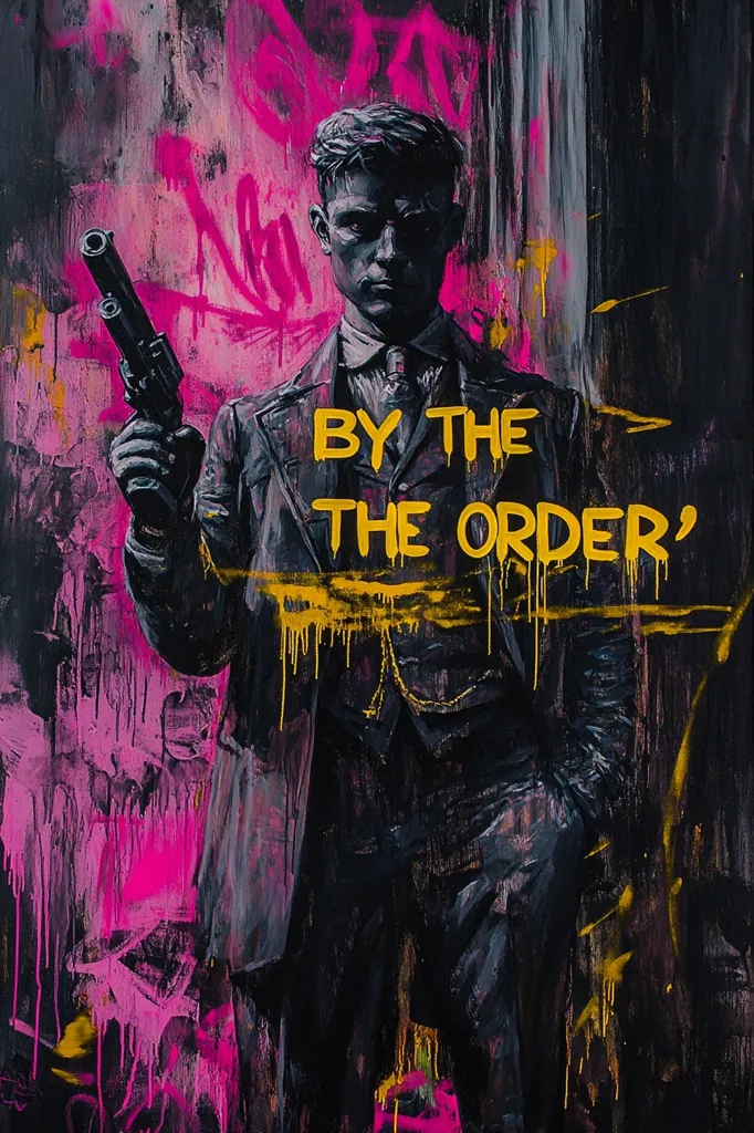 The image depicts a man in a suit holding a gun, standing in front of a wall with graffiti. He is looking directly at the viewer with a serious expression. The wall is painted in shades of pink and black, with the words "By the order" written in yellow. The image has a dark and intense atmosphere.