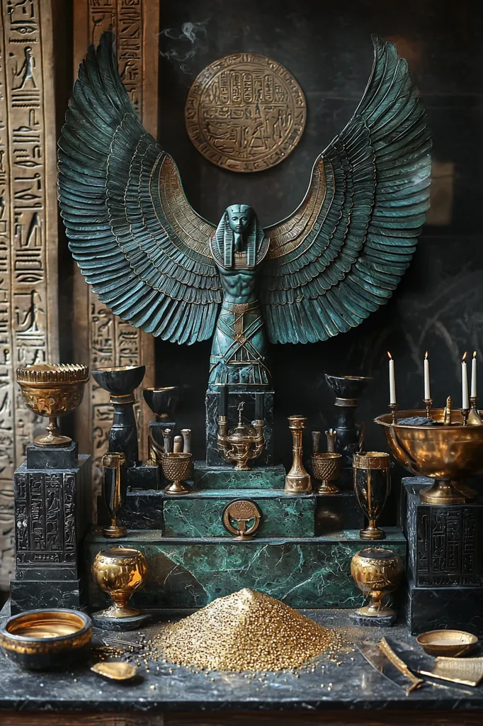 A dark, mysterious altar is adorned with an intricate golden winged statue of an Egyptian god. The altar is decorated with various golden vessels, candles, and a pile of glittering gold beads. The background features a large, embossed golden disc and a stone wall inscribed with hieroglyphics. The scene evokes a sense of ancient ritual and spirituality.