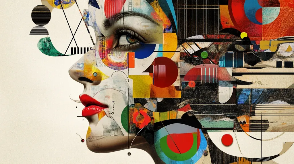 A woman's face is the focal point of this abstract artwork. It's a collage of geometric shapes, textures, and colors that blend together. Bold red lips and an eye are prominent, highlighting the woman's face. The background is a whirlwind of fragmented geometric patterns in black, red, blue, and yellow, creating a dynamic and visually stimulating piece.