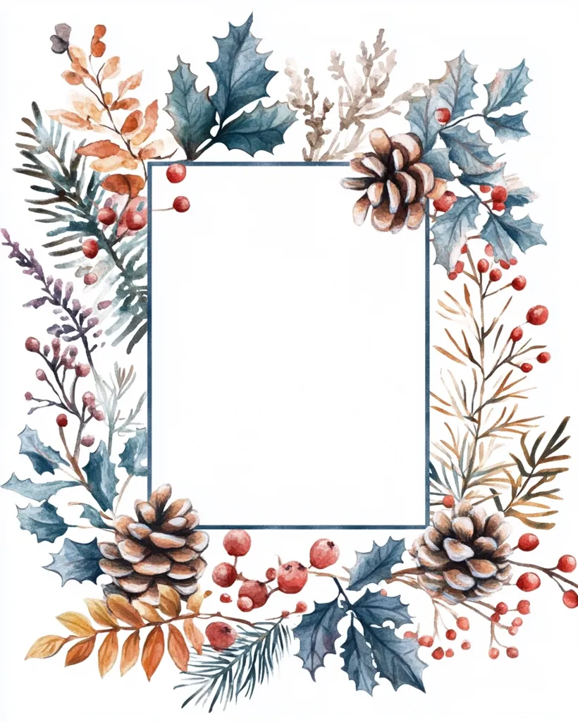 A watercolor illustration of a square frame surrounded by pine cones, holly leaves, and berries. The frame is outlined in dark blue, and the colors are a soft palette of blues, greens, browns, and reds. The image has a rustic, wintery feel, and could be used as a holiday greeting card or invitation.