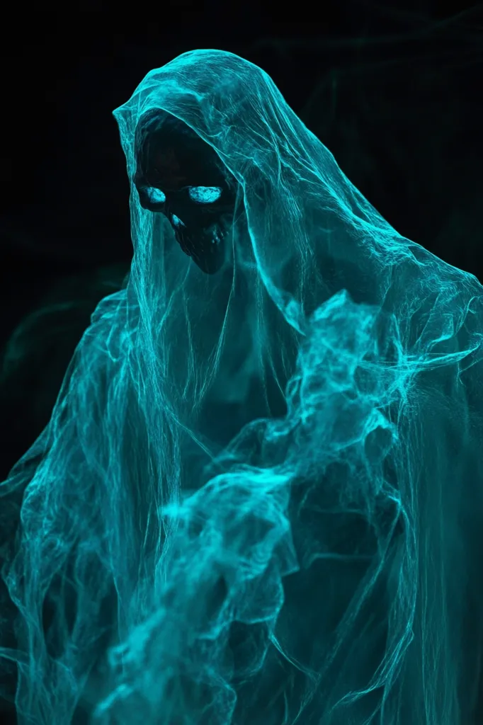 A spectral figure cloaked in a translucent, teal-blue shroud. The ethereal fabric drapes around the skeletal face, illuminating its hollow eyes and creating an eerie, otherworldly presence. The darkness surrounding the figure enhances its spectral nature, suggesting a ghostly apparition.