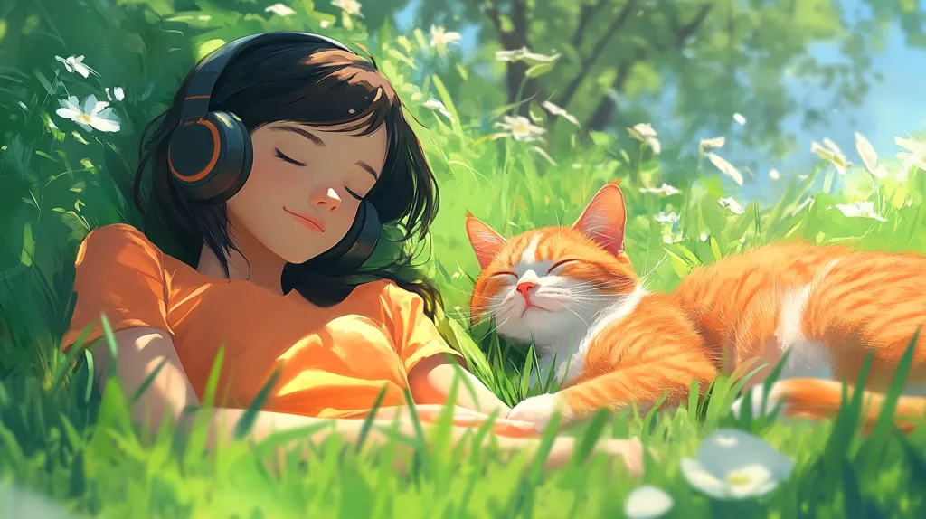 A young woman with long black hair, wearing headphones and an orange t-shirt, lies in a field of green grass and white flowers. She is sleeping soundly, and a ginger cat lies beside her, also sleeping. The scene is peaceful and serene. The sun shines brightly, casting a warm glow over the meadow.