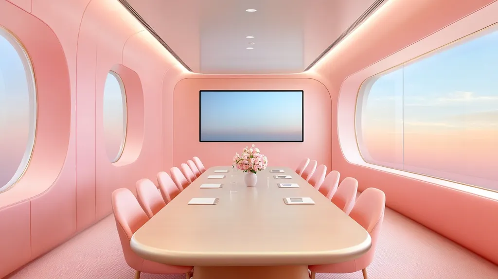 The image depicts a modern conference room with a minimalist design. The room is painted in a soft pink hue, with large oval windows offering a panoramic view of the sky. A sleek, rectangular table sits at the center, surrounded by pink chairs. A flat-screen TV is mounted on the wall, and a vase of pink flowers adds a touch of color to the space. The overall aesthetic is clean, contemporary, and calming.