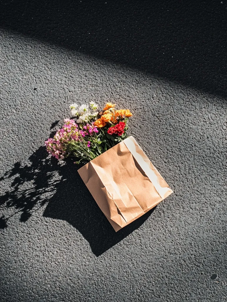 A brown paper bag filled with a bouquet of colorful flowers lies on a gray, textured surface. The flowers are a mix of white, pink, orange, and red, adding a splash of color to the scene. The bag casts a shadow on the surface, adding depth to the composition. The image evokes a sense of simple beauty and the joy of receiving flowers.