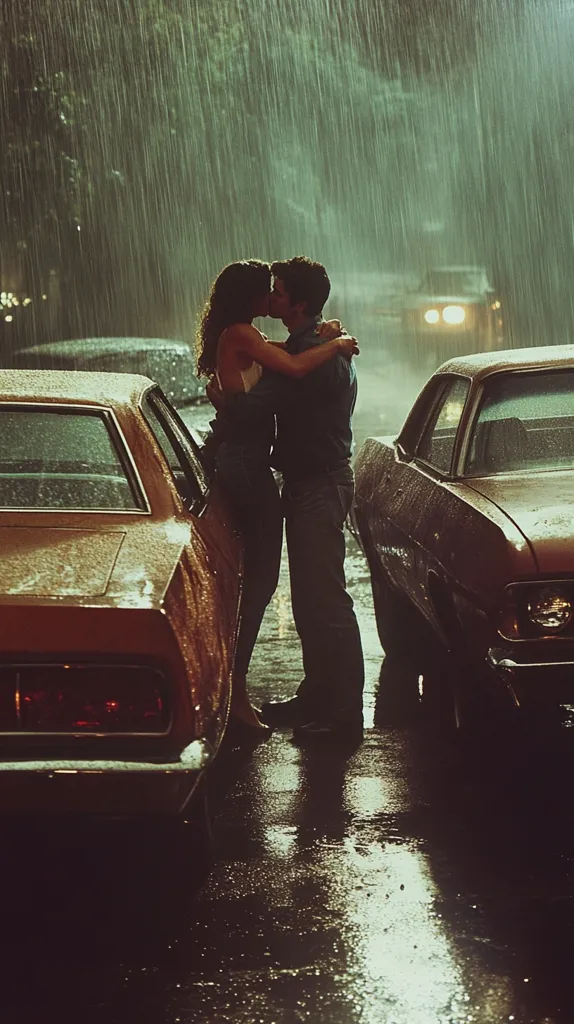 A young couple is standing in the middle of a street, kissing passionately. The rain is coming down hard, creating a romantic atmosphere. The couple is standing between two classic cars, with the rear end of the car on the left visible in the image.  The street is wet and slick, reflecting the streetlights and creating a dreamy, almost surreal feel.