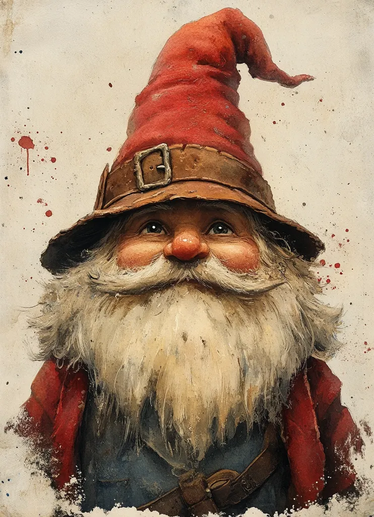 A jolly gnome with a long white beard and a red pointed hat with a brown brim smiles and looks up towards the top right corner of the image. The gnome wears a red coat and a brown leather belt. The background of the image is a light beige with red splatters. The image has a painted, watercolor style.