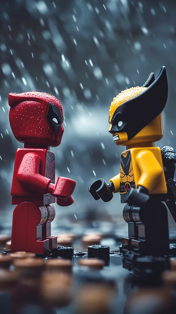 A red Lego Deadpool and a yellow Lego Wolverine stand facing each other in a dramatic pose. It looks as if they are about to battle. The backdrop is a blurry shot of rain falling from the sky. Both figures are wet from the rain. They are standing on a dark, wet surface with other scattered Lego pieces.