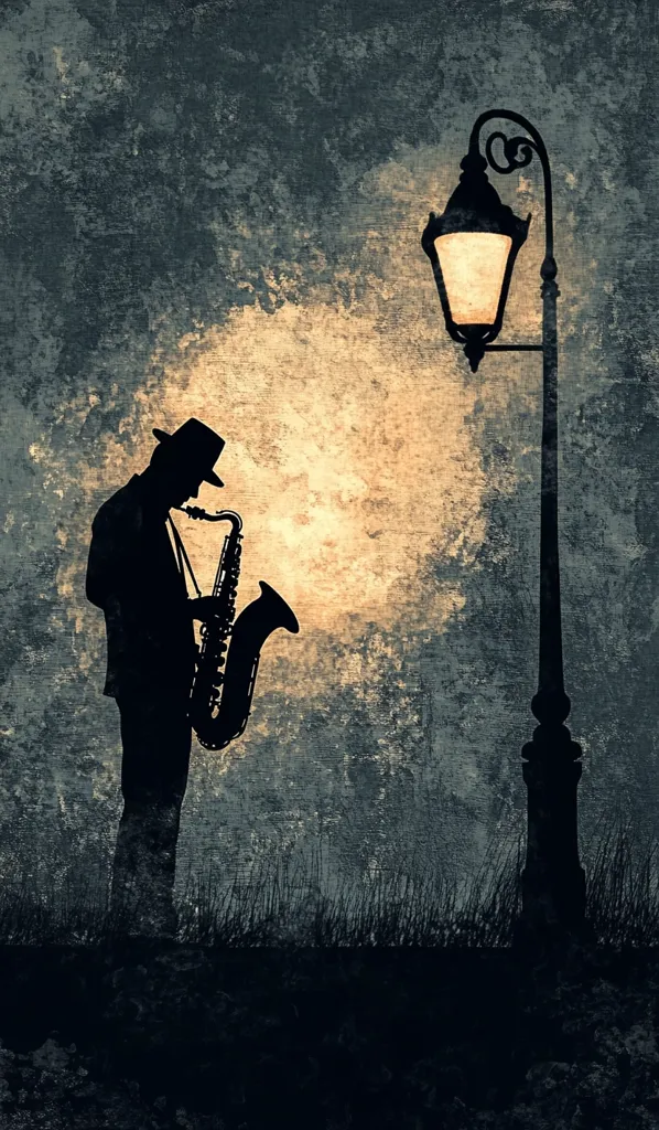 A shadowy figure in a hat stands playing a saxophone, silhouetted against a textured, blue and yellow background. A streetlamp casts a warm glow in the distance. The image is stylized with a grunge aesthetic, conveying a sense of mystery and nostalgia.