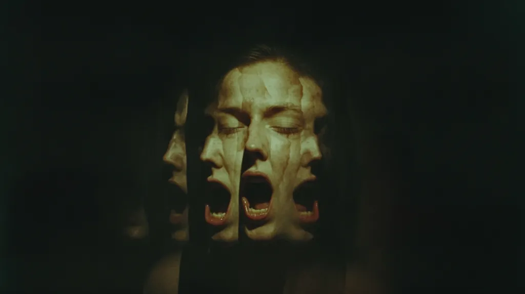 The image shows a person's face, distorted and multiplied, creating a sense of unease.  The person's mouth is open in a silent scream, their eyes closed.  The lighting is dim and green, casting a haunting atmosphere.  The image evokes feelings of fear, isolation, and internal conflict.  The overall impression is one of psychological distress and fragmentation.