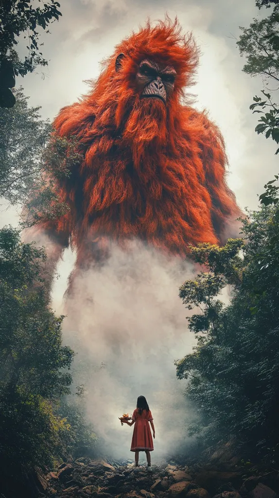 A giant, red, hairy creature with a serious expression stands in a dense, misty forest. A young woman in a red dress stands in the foreground, holding a small offering in her hands. The creature appears imposing, while the woman seems small and vulnerable. The scene evokes a sense of awe and mystery.