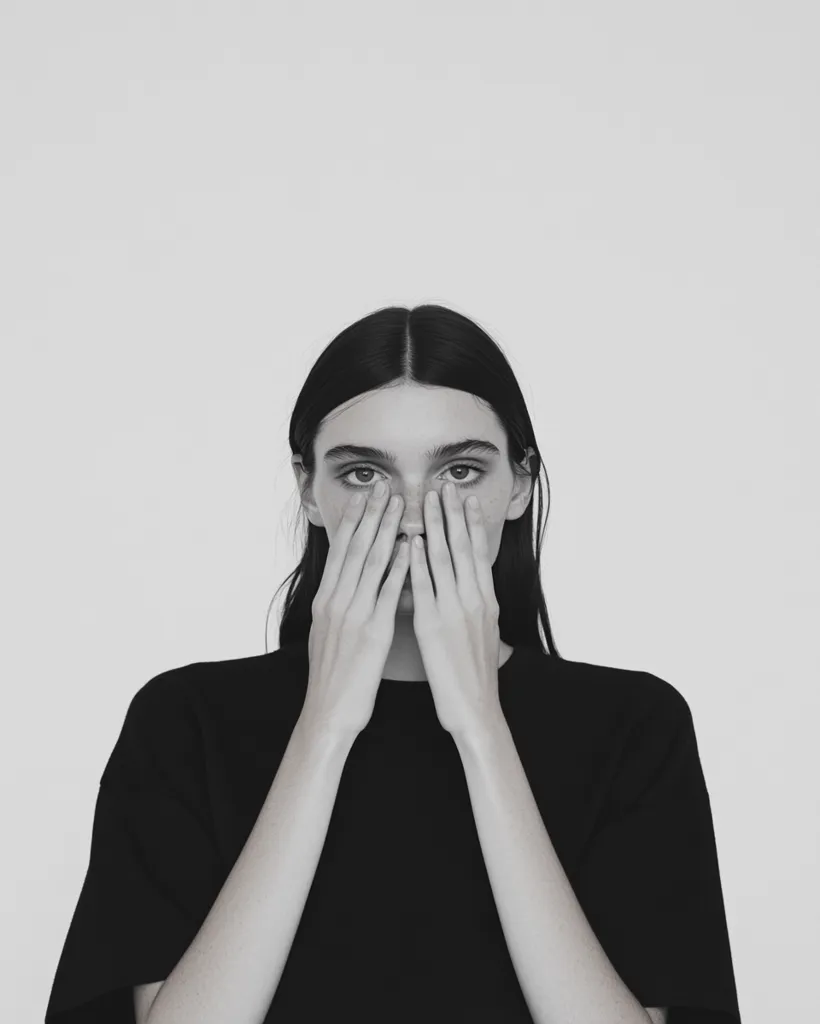 A young woman with long dark hair is wearing a black t-shirt. Her hands are covering her face, and her eyes are peering out from between her fingers. The image is in black and white, and the background is a plain white wall. The woman's expression is unreadable.  She appears to be hiding, or perhaps she is simply lost in thought.