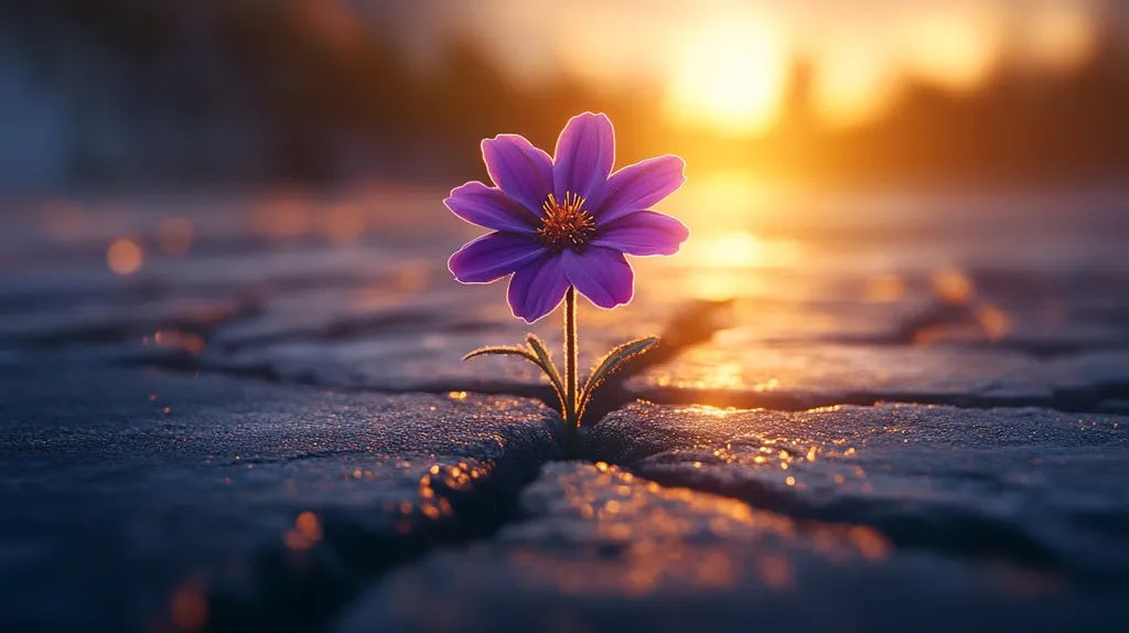 A single purple flower blooms defiantly from a crack in a rough, grey stone surface. The sun sets behind it, casting a warm glow on the scene and highlighting the delicate beauty of the flower. The image suggests resilience and hope, with the flower thriving despite the harsh conditions.  The blurred background and soft lighting enhance the sense of tranquility and wonder.