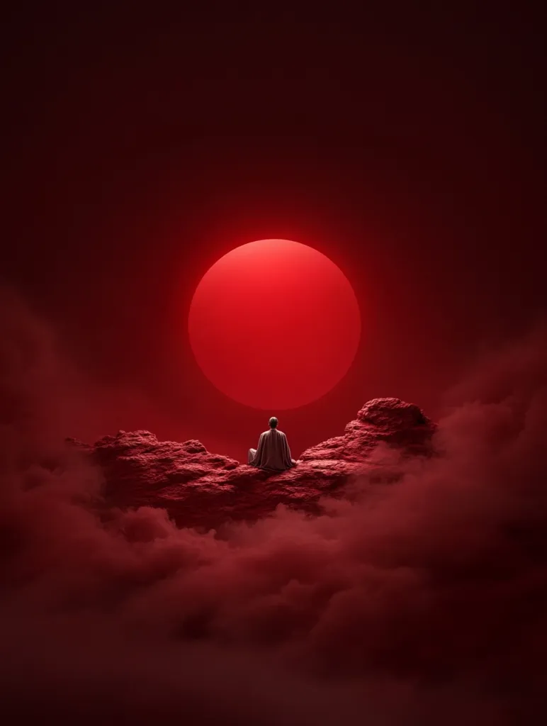 A lone figure sits in meditation on a rock formation amidst a sea of red clouds. A massive, glowing red orb, perhaps the sun or a moon, dominates the sky. The red color scheme creates a sense of mystery and otherworldly beauty. The scene evokes a sense of peace and tranquility, suggesting a solitary and spiritual experience.