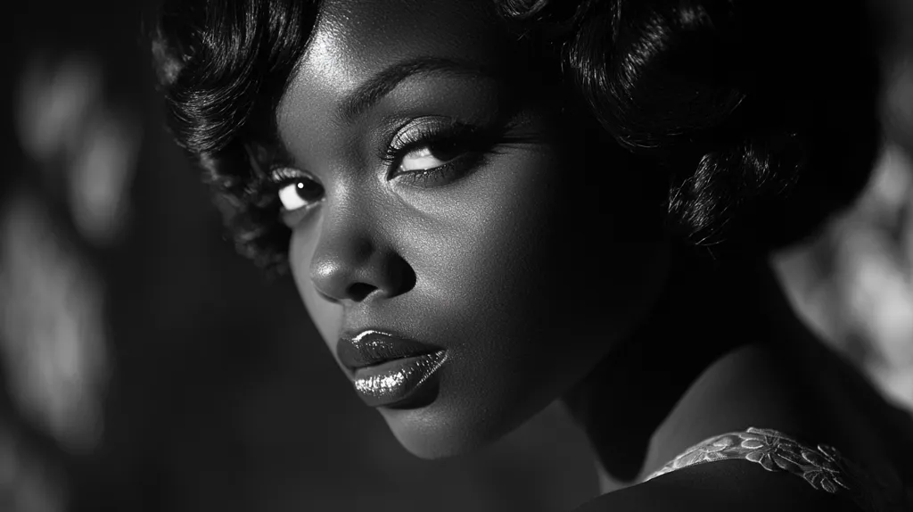The black and white photograph captures a close-up of a woman's face. Her dark hair is styled in a glamorous updo, and she gazes slightly off-camera with a sultry expression.  The image is lit in a way that creates shadows and highlights, emphasizing her strong cheekbones and full lips. The photograph has a classic, timeless feel, reminiscent of old Hollywood glamour.