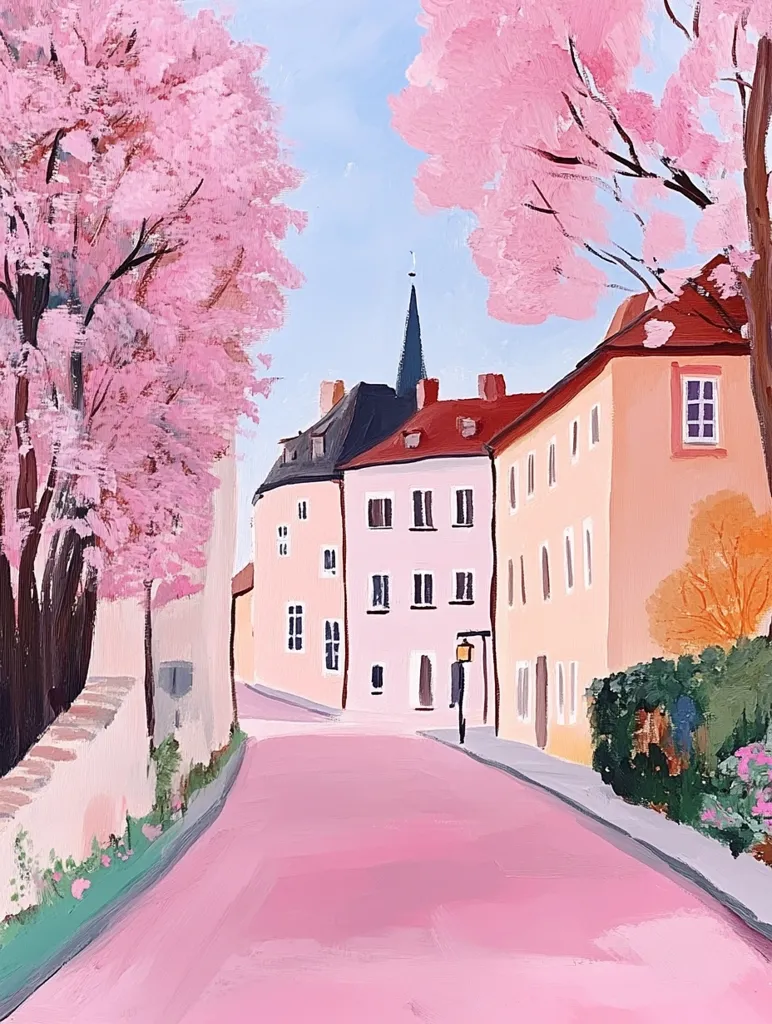 The image depicts a charming European street scene with a pink theme. Two large cherry blossom trees frame the scene, their branches reaching towards a pastel blue sky. Pastel pink buildings line the street, with a single figure walking towards the end of the road. The street itself is a vibrant pink, creating a whimsical and dreamlike atmosphere.  The painting captures a sense of peace and tranquility.