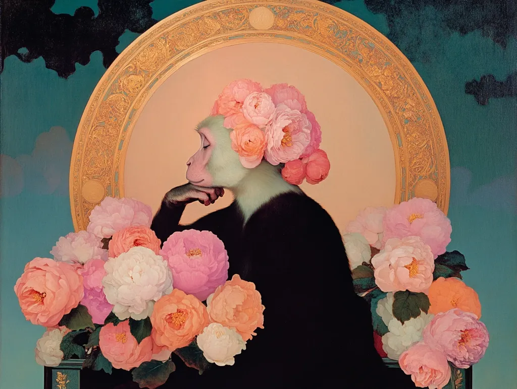 A monkey sits in a golden frame, wearing a crown of pink flowers and surrounded by more peonies. The monkey rests its chin on its hand, its eyes closed, and it is bathed in soft, warm light. The image has an air of tranquility and beauty. The background is a soft teal blue, with wispy white clouds. The image appears to be a painting, with soft, flowing brushstrokes.