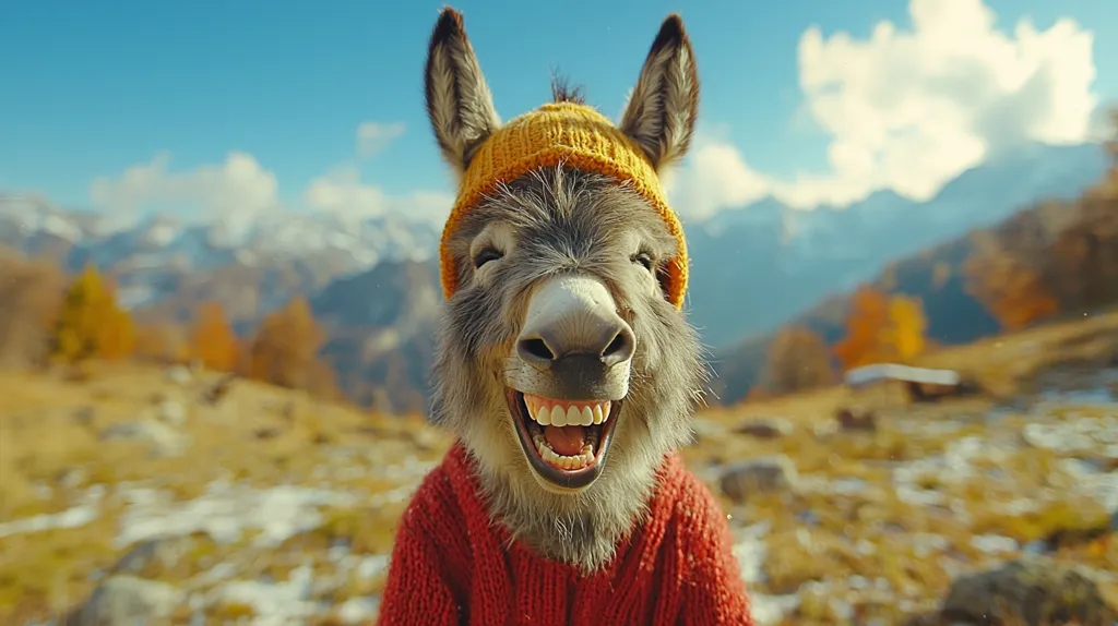 A donkey wearing a yellow beanie and red sweater is laughing with its mouth wide open. The donkey is in focus while the background is a blurred image of fall foliage and mountains. The image appears to be taken on a sunny day with a clear blue sky.