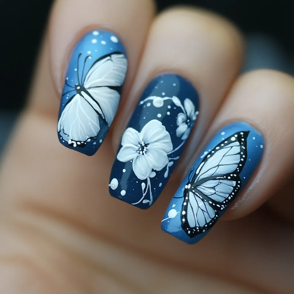 Three fingernails are painted a gradient blue with white butterflies and flowers. The nails are long and oval shaped. The butterfly wings and flower petals are painted with delicate detail. The nails are part of a hand that is partially visible. The background is out of focus. The image is a close-up of the fingernails.