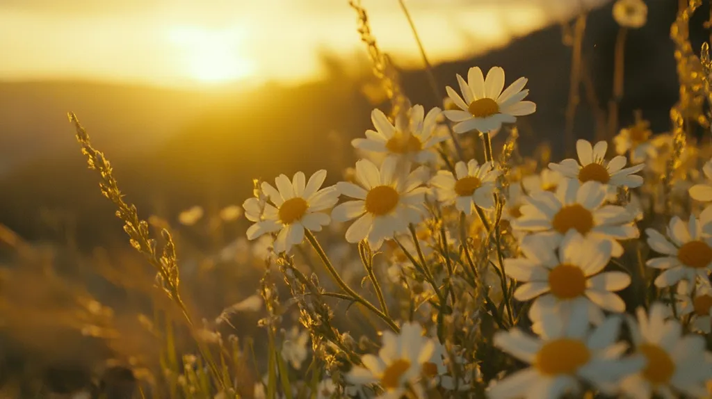A field of daisies bathed in the warm glow of a setting sun.  The flowers are delicate and white, with yellow centers.  The sun is a bright orb in the distance, casting a golden light on the scene.  The blades of grass are blurred in the foreground, adding a sense of depth and peace to the image.  The overall effect is one of serenity and beauty.