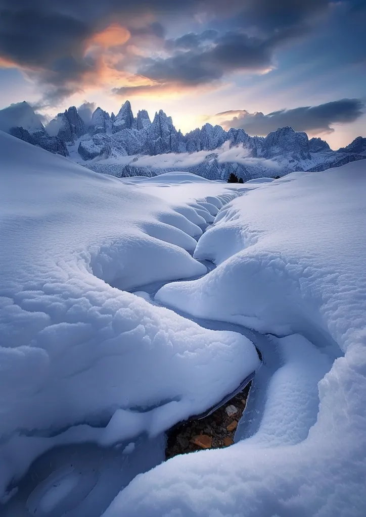 A winding stream carves through a snowy landscape, creating a natural pathway through the pristine white snow. Majestic mountains rise in the distance, shrouded in clouds and bathed in the warm glow of a setting sun. The scene evokes a sense of tranquility and isolation in a breathtaking winter wonderland.