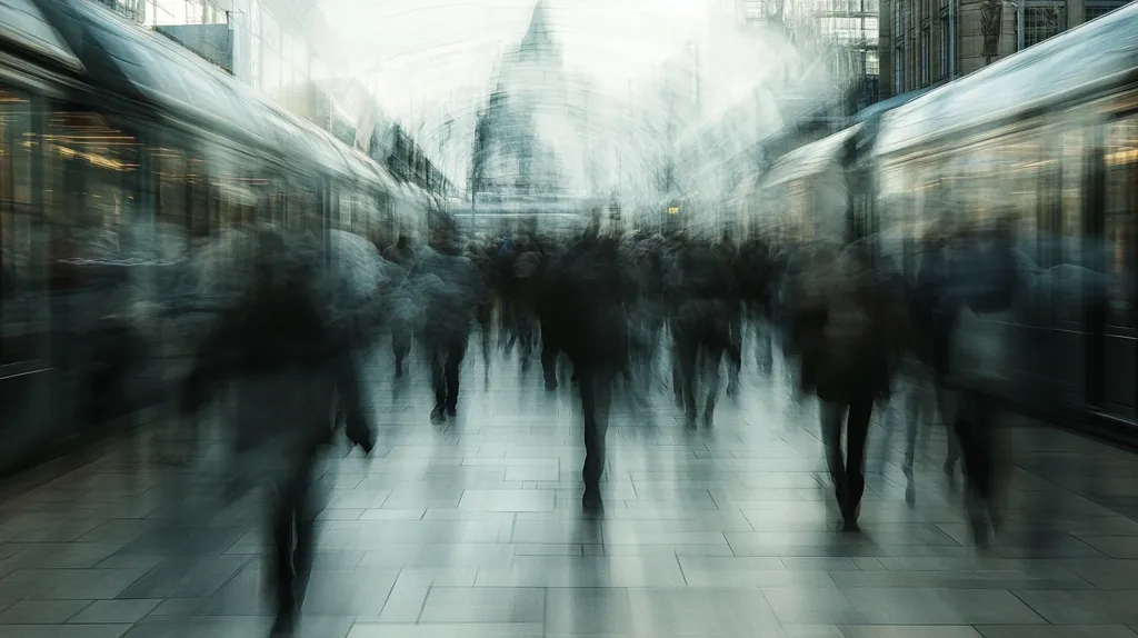 The image is a blurry, abstract depiction of a city scene. A crowd of people is walking on a tiled street, with a building in the background.  The subject is blurred, creating a sense of movement and anonymity. The image captures the energy and chaos of a busy city environment.