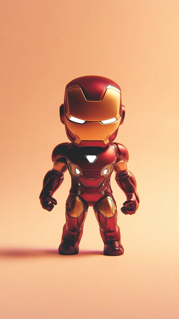 A small, stylized figurine of Iron Man stands against a plain orange background. The figure is posed with a slight bend at the knees and arms outstretched. The figure has a large head with a gold faceplate and a red suit with gold accents. The figure is detailed with realistic textures and lighting.  The overall tone of the image is powerful and heroic.