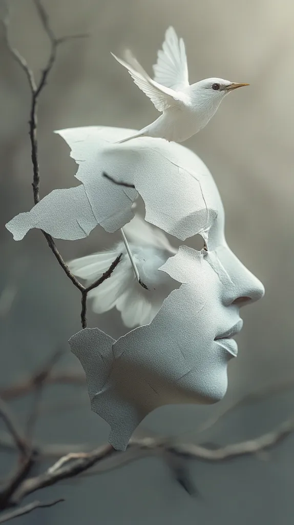 A white bird, with wings spread, perches on a cracked white mask, its form seeming to blend into the broken surface. The mask appears as a fragmented human face, with one eye visible and a soft, open mouth.  The bird's presence adds a delicate touch of life to the otherwise stark scene, creating a sense of both fragility and beauty. The entire image is bathed in a soft, ethereal light.