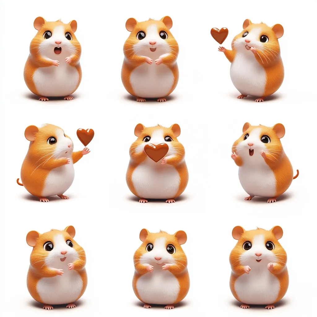 Nine adorable hamsters are shown in different poses. Some are holding chocolate hearts, some are looking at them, and some are looking at the camera. They are all round and fluffy, and their expressions are cute and playful. The background is white, which emphasizes the hamsters.