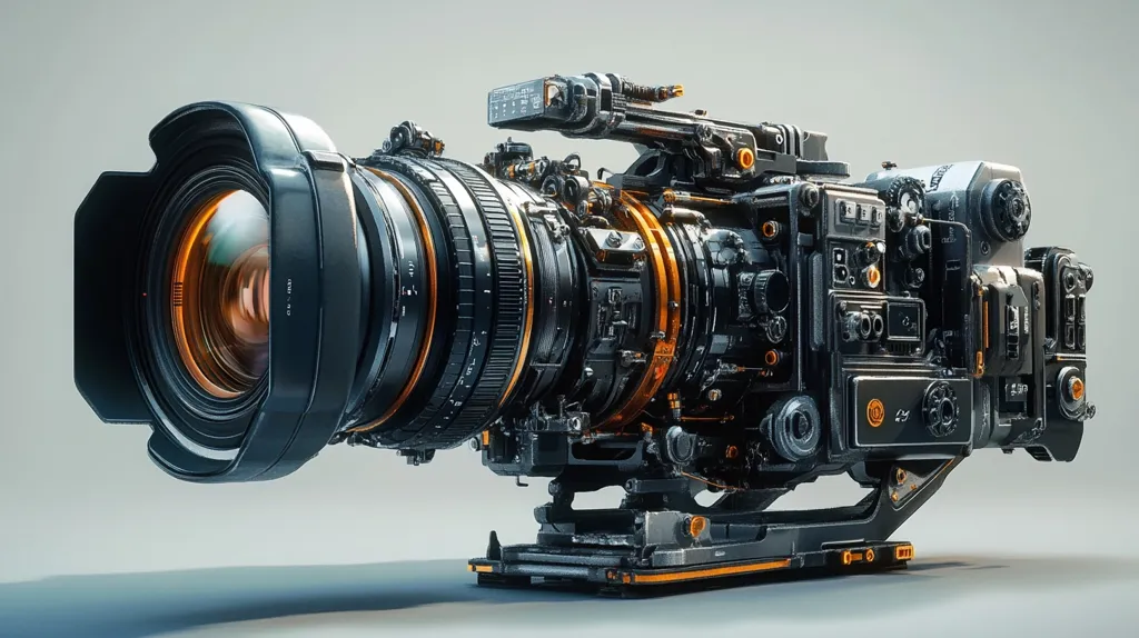 The image shows a futuristic, highly detailed camera. The camera has a large, black lens with an orange-rimmed aperture. The body is sleek and metallic, with intricate details and exposed gears. It has a complex and robust design, suggesting advanced technology and capability. The camera is mounted on a sturdy tripod, emphasizing its professionalism. The image evokes a sense of scientific exploration or high-tech filmmaking.