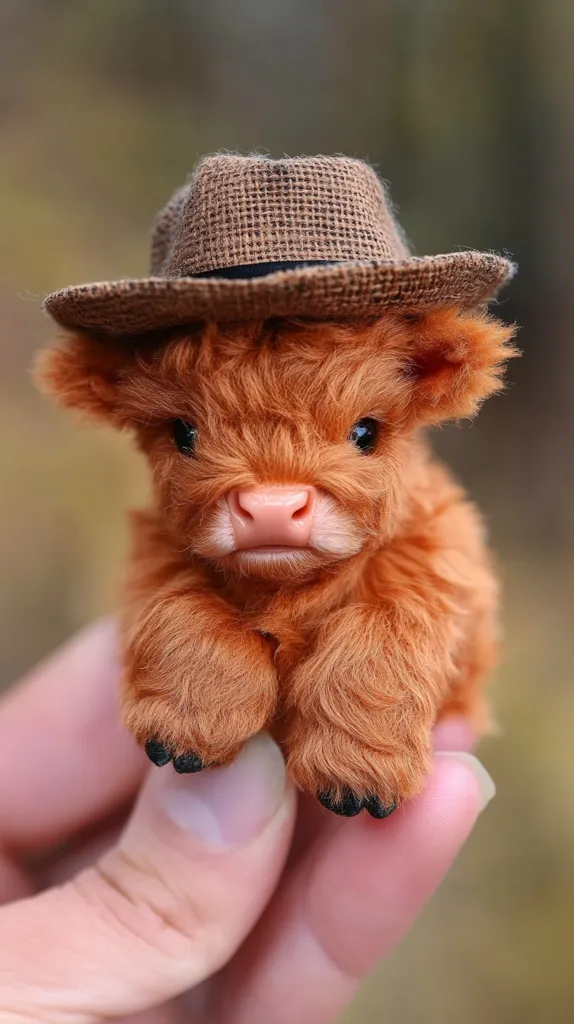 A small, furry, orange calf with a brown hat is being held in a person's hand. The calf has a pink nose and large, dark eyes. It is looking directly at the camera. The calf is very soft and cuddly. The image evokes feelings of cuteness and innocence.  The hat adds a playful touch to the image.