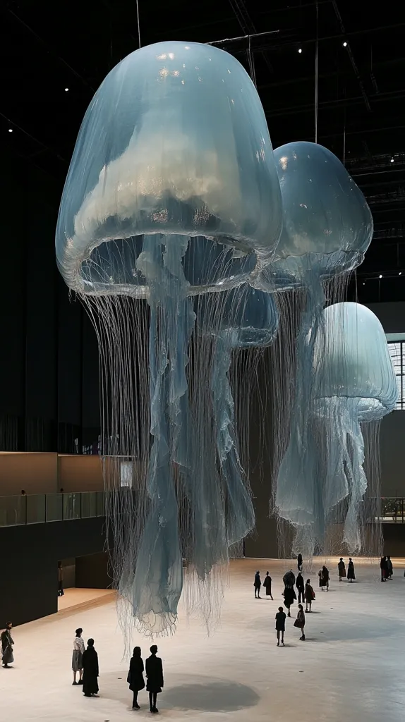 Three large, translucent, jellyfish-like sculptures hang from the ceiling of a large, open space. The sculptures are made of a delicate, shimmering material that resembles silk. They are suspended above a crowd of people, who appear to be dwarfed by the scale of the artwork. The sculptures cast long shadows on the floor, adding to the sense of ethereal beauty. The overall effect is one of wonder and awe, as if the viewer has been transported to an underwater world.