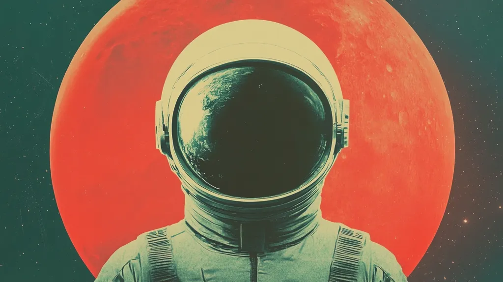 The image features a close-up of an astronaut's helmet, set against a backdrop of a large red planet. The helmet's visor reflects a blue and green Earth, suggesting the astronaut is looking back at home. The red planet fills the background, creating a stark contrast with the astronaut's white suit. The image's composition and color palette evoke a sense of solitude and the vastness of space.