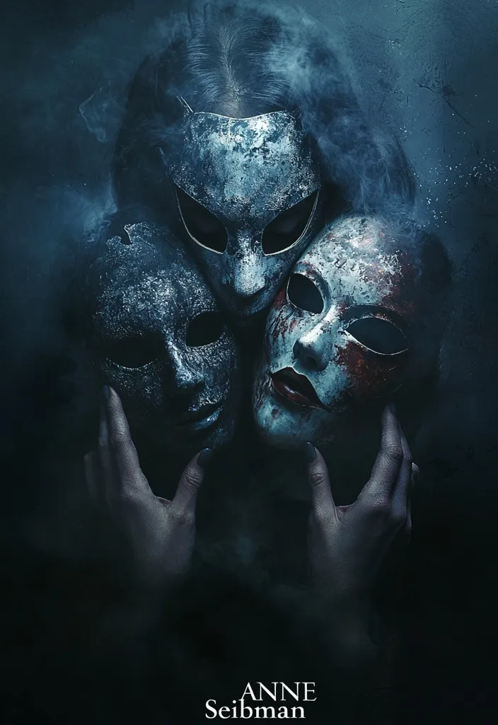 A shadowy figure holds three masks in front of their face. The masks are all different and appear to be made of a weathered, decaying material. The top mask is feline-shaped, the one on the left has a human-like face, and the mask on the right has a sinister, red-stained visage. The image is dark and atmospheric, with a strong sense of mystery and intrigue. The artist's signature is visible at the bottom.