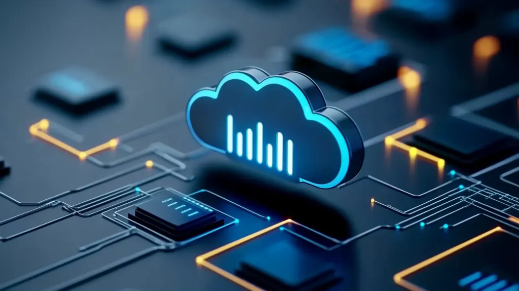 A 3D rendered image of a blue cloud icon, illuminated with white lines inside,  hovering above a complex dark blue circuit board. The circuit board features glowing orange and blue lines connecting various black rectangular components. The image evokes a sense of modern technology, data storage, and connectivity.