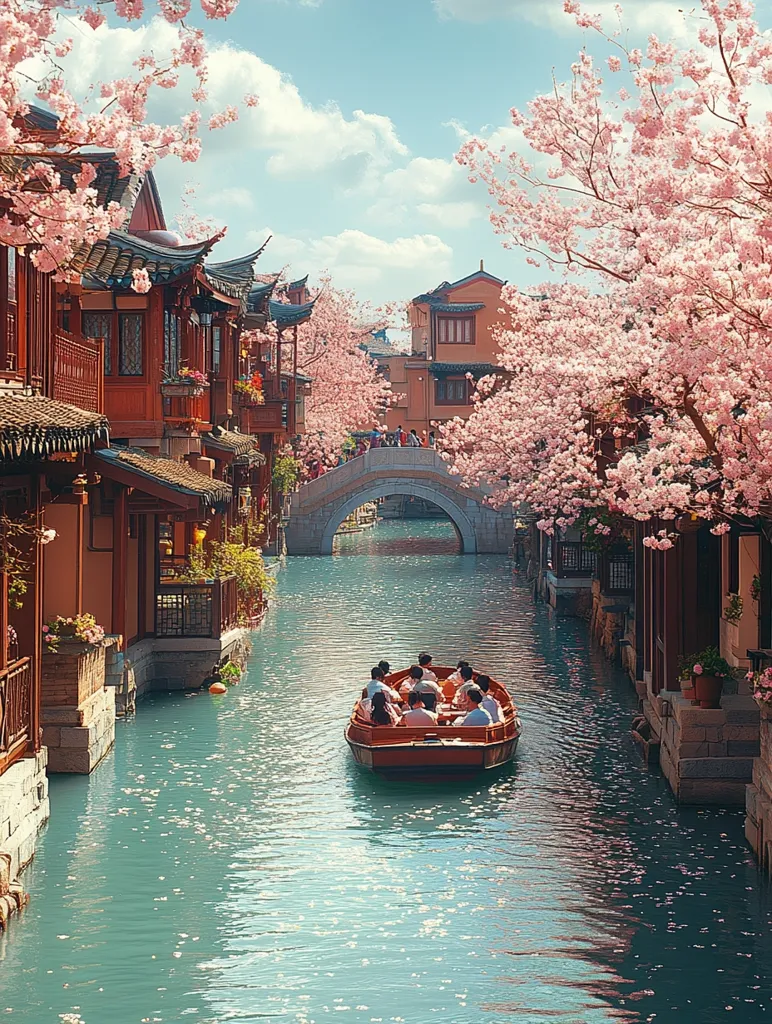 A picturesque scene of a canal in a traditional Chinese town. Cherry blossom trees line the canal, their delicate pink flowers cascading down. A wooden boat filled with passengers glides through the tranquil water, passing under a stone bridge. The buildings along the canal are adorned with intricate details, showcasing the beauty of traditional Chinese architecture. The scene evokes a sense of peace and serenity.