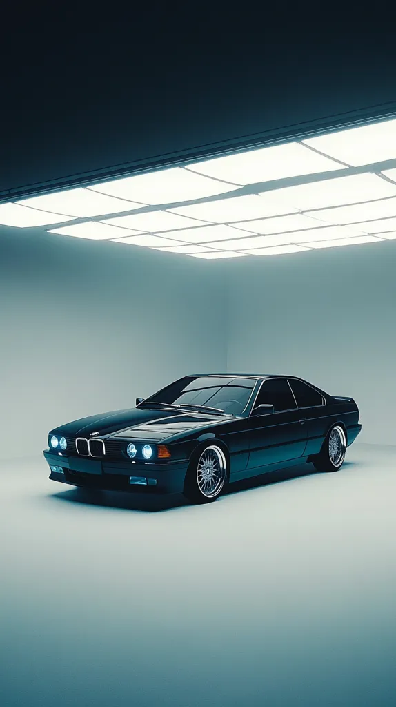 A sleek, black car sits in a minimalist, white room with a grid of bright lights on the ceiling. The car is positioned facing slightly left, showcasing its sharp lines and gleaming paint. The light reflects off the car's body, highlighting its contours. The room's clean, simple background emphasizes the car's striking presence. The image conveys a sense of luxury, solitude, and timeless design.