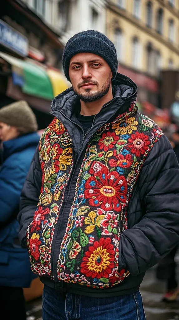 A young man with a dark beanie and a black puffer jacket adorned with colorful floral embroidery stands in the street. He is looking directly at the camera, with a serious expression. The jacket's design stands out against the muted background, adding a splash of vibrancy to the scene.  He is wearing denim jeans, adding a casual touch to his outfit. The image captures the man's style and the intricate detail of the embroidery.