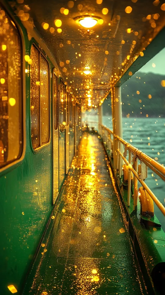 The image captures a narrow, wet passageway on a boat. Sunlight filters through the ceiling, casting a golden glow on the green walls and the water-soaked deck. The railing on the right side hints at a view beyond, and the overall effect is one of calm, serene beauty.