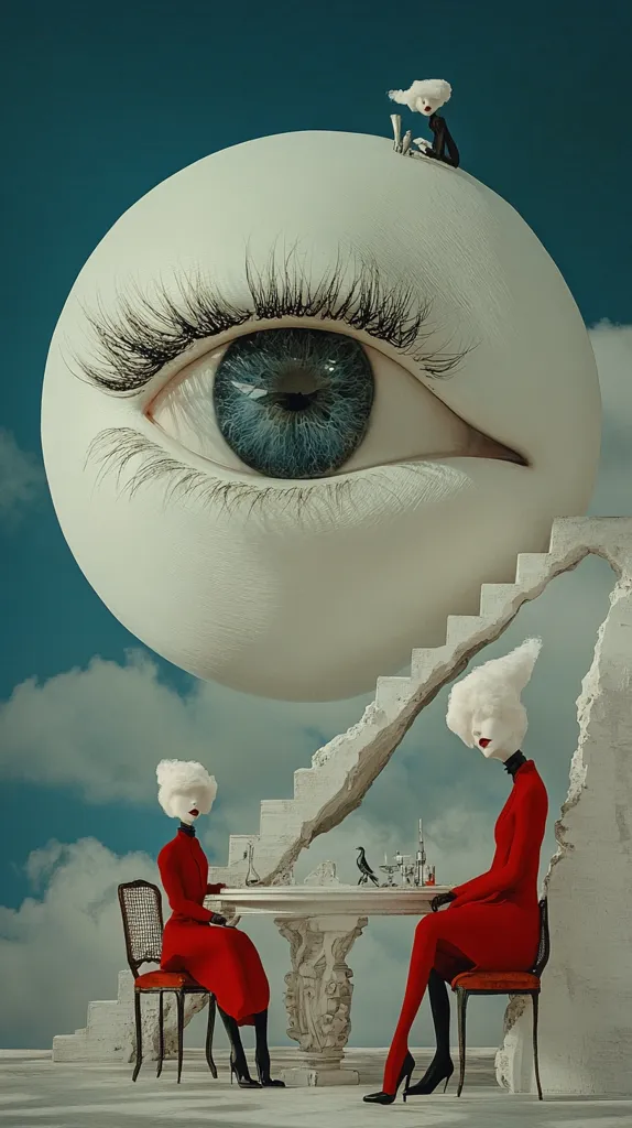 A giant eye, resembling a planet, hangs in the sky above a white, broken staircase. Two figures, dressed in red and black, sit at a table on the stairs, seemingly observing the giant eye. One of the figures is holding a glass of what appears to be a red liquid. The scene has a surreal and dreamlike quality.