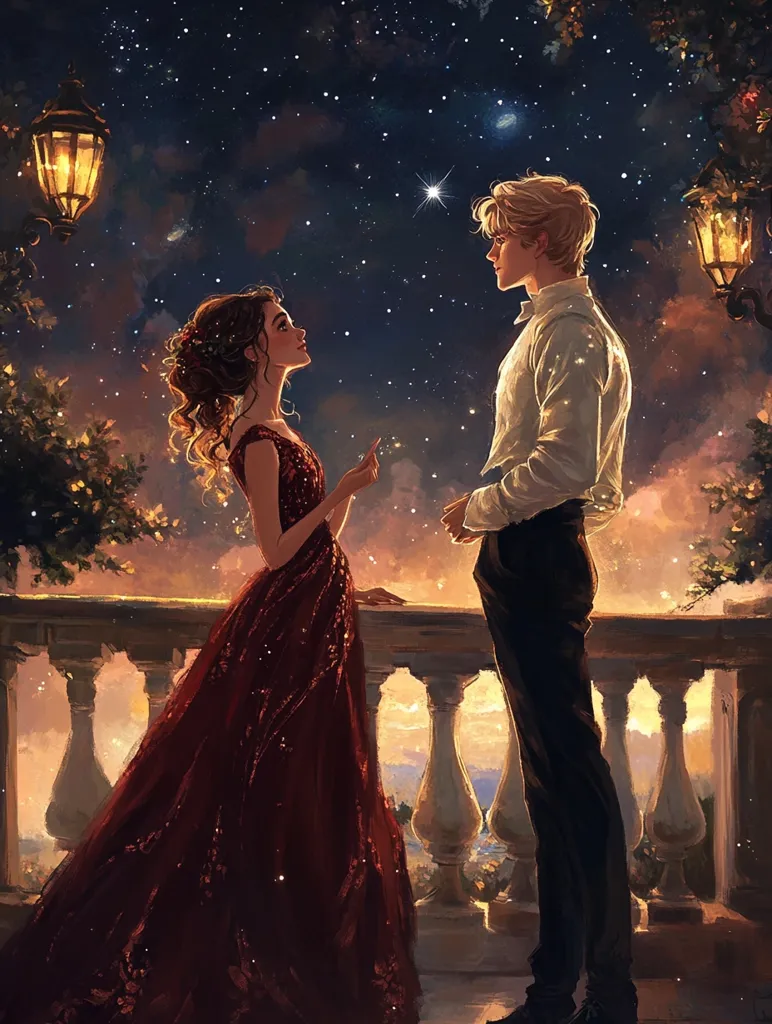 A man and a woman stand on a balcony, gazing up at the starry night sky. The woman wears a long, red gown and the man wears a white shirt and black pants. They stand side by side, but seem lost in their own thoughts. The scene is romantic and serene, with the twinkling stars adding to the magical atmosphere. The balcony is decorated with ornate railings and there are lanterns hanging overhead, casting a warm glow on the couple.  They are surrounded by a lush, green garden and the sky is filled with countless stars.  The scene evokes a sense of love, wonder, and the beauty of the night.