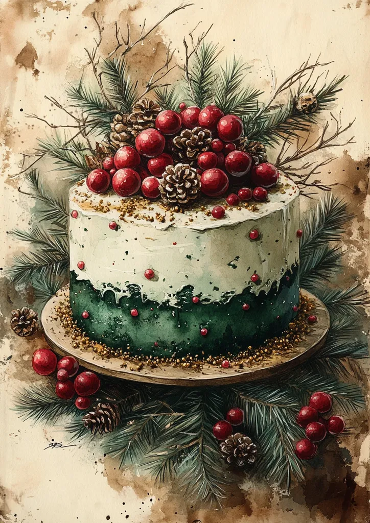 The image is a watercolor painting of a Christmas cake. The cake is decorated with red berries, pine cones, and a green frosting. It sits on a wooden cake stand surrounded by pine branches and more red berries. The background is a light brown with splashes of watercolor. The painting is festive and inviting.