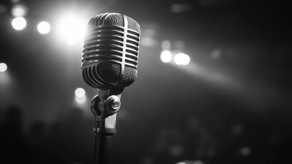 A vintage microphone sits on a stand in a dimly lit room. The microphone is in focus, while the background is blurred, with the spotlight shining on the microphone. The image is in black and white, creating a classic and timeless feel. The microphone is ready to capture the sound of a performance.  The image evokes a sense of anticipation and excitement, and the spotlight suggests the presence of an audience.  The image is evocative of a live performance.