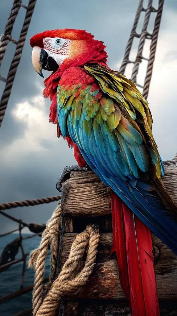 A vibrant scarlet macaw perches on a weathered wooden beam, its feathers a symphony of red, green, blue, and yellow. The bird's keen eyes gaze intently at the viewer, its beak slightly open, as if about to speak. Nautical ropes and a rough wooden structure frame the scene, suggesting a ship or a dock, while a cloudy sky and choppy water hint at a maritime adventure.