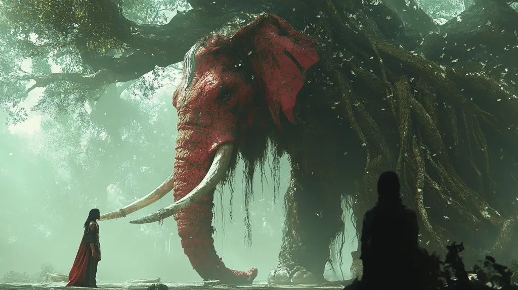 A large red elephant stands in a misty forest, its trunk reaching out to a small figure in a red cloak. The elephant is covered in vines and moss, and the forest is shrouded in mist. A dark figure stands behind the elephant, watching the scene unfold. The image has a mystical and dreamlike quality.
