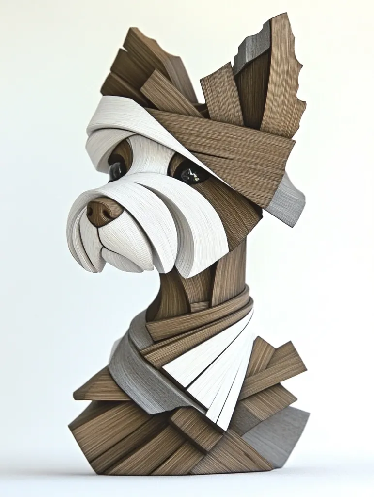 The image shows a wooden sculpture of a dog, likely a Yorkshire Terrier. The sculpture is made from many individual pieces of wood, intricately assembled to create the dog's features. The dog's fur is represented in white and brown, with white sections of wood used for the fur, and brown sections used for the body and ears. The dog's eyes are black. The sculpture is displayed on a white background. The detailed craftsmanship of the sculpture makes it appear realistic and impressive.