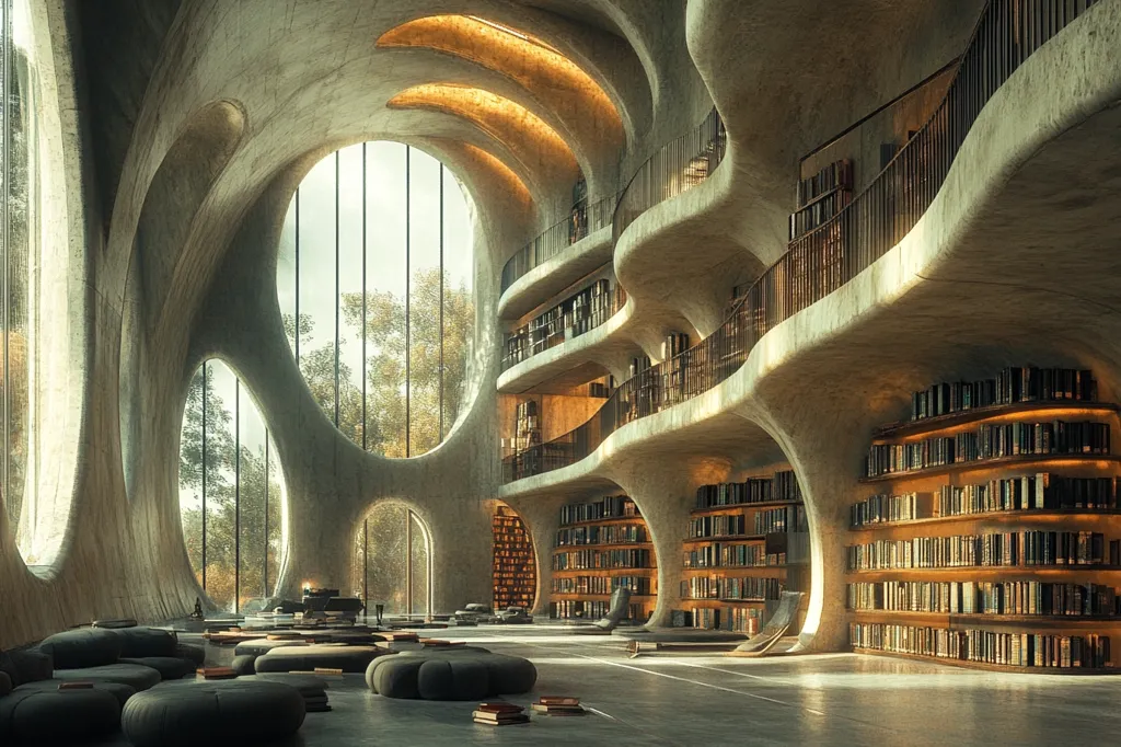 A futuristic library with an organic, undulating concrete structure. Large windows offer views of a lush, green landscape. Bookshelves line the walls and floors, creating a mesmerizing maze of knowledge. The interior is bathed in soft, warm light, inviting readers to explore and discover. Comfortable seating provides a cozy space to immerse oneself in the world of literature.