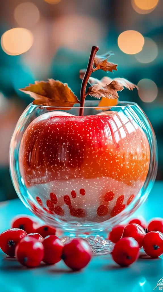 A red apple sits in a glass bowl with a twig and leaves, surrounded by small red berries. The background is blurry with bokeh lights and a teal color. The apple appears to be sliced and placed in the bowl. The overall image has a festive feel with a focus on the bright red colors of the fruit.