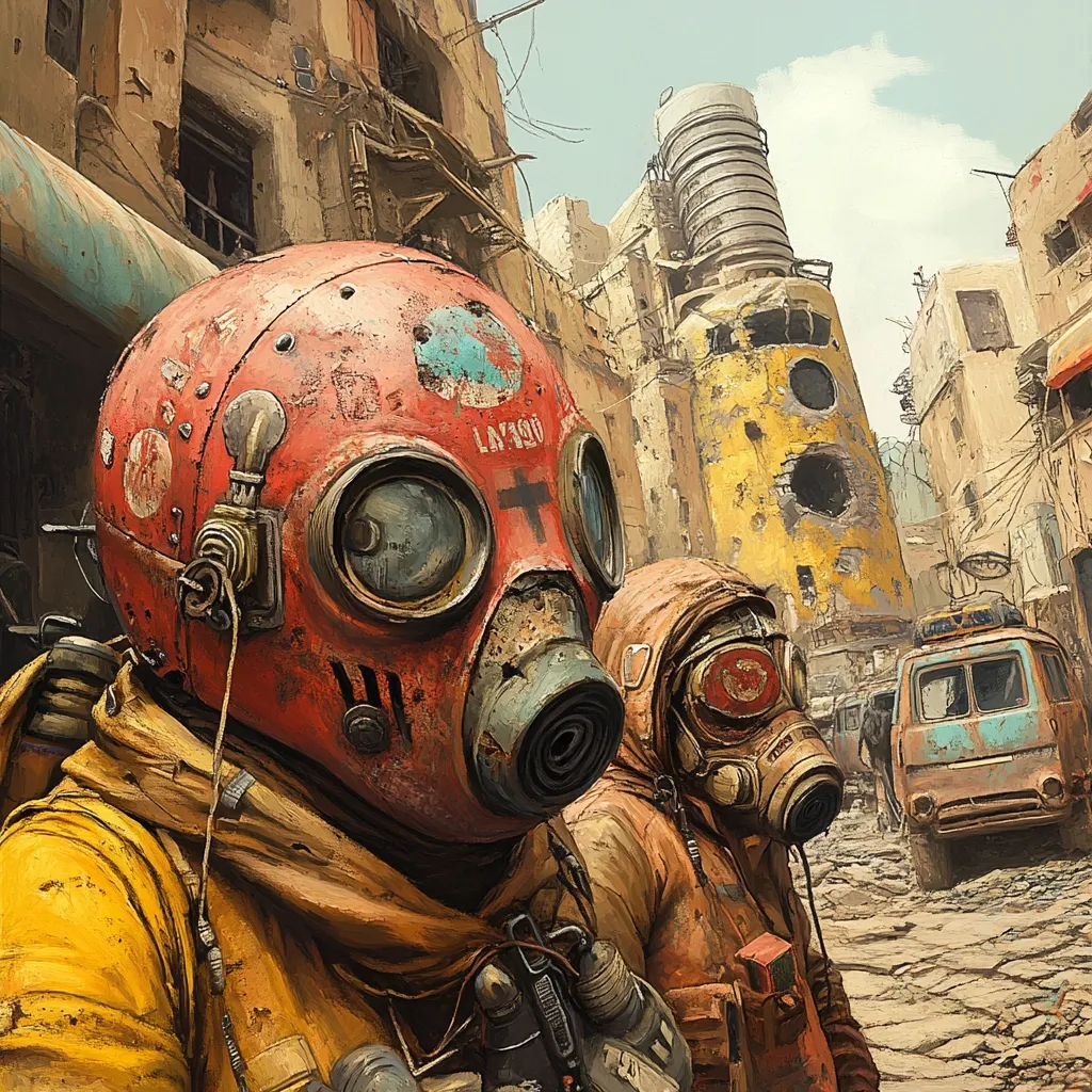 Two figures, clad in worn, yellow and brown protective gear and gas masks, stand in a desolate, post-apocalyptic street. The buildings are crumbling and damaged, with exposed brick and rubble littering the ground. A lone, beat-up vehicle sits in the distance, adding to the sense of destruction and isolation. The overall atmosphere is one of decay and decay, hinting at a past catastrophe.  The figures stand in the foreground, their expressions unreadable, their gazes fixed on the unknown.